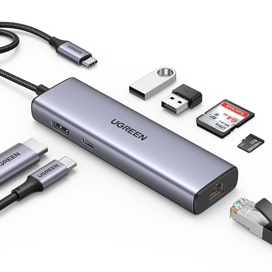 UGREEN  USB-C to 2*USB3.0+HDMI+RJ 45+SD&TF+PD